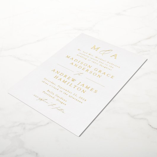 Modern Elegance Gold Monogram Weddenschap Folie Uitnodiging (Gedraaid)