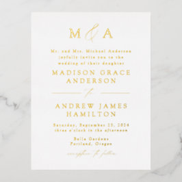 Modern Elegance Gold Monogram Weddenschap Folie Uitnodiging Briefkaart