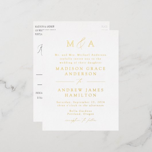 Modern Elegance Gold Monogram Weddenschap Folie Uitnodiging Briefkaart (Voorkant / Achterkant)