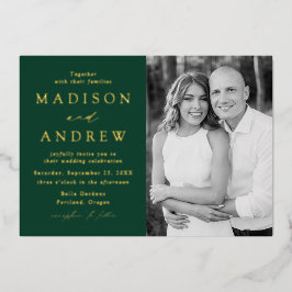 Modern Elegance Green and Gold Photo Wedding Folie Uitnodiging