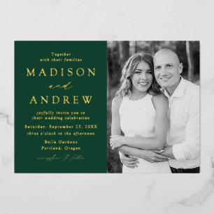 Modern Elegance Green and Gold Photo Wedding Folie Uitnodiging