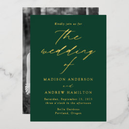 Modern Elegance Green and Gold Photo Wedding Folie Uitnodiging