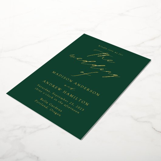 Modern Elegance Green and Gold Photo Wedding Folie Uitnodiging (Gedraaid)