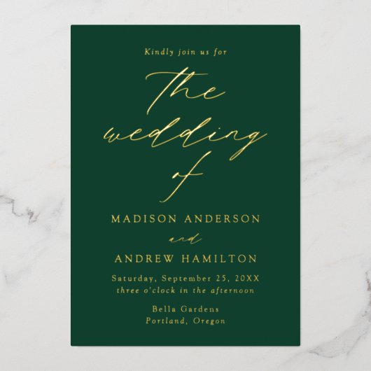 Modern Elegance Green and Gold Wedding Folie Uitnodiging (Voorkant)