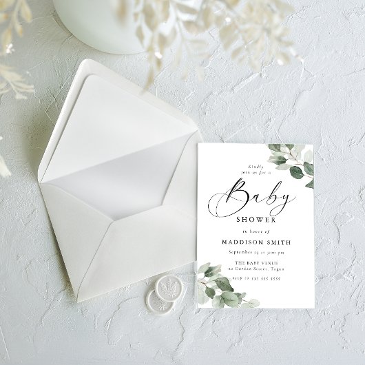 Modern Elegance Green Leaves Baby Shower Kaart