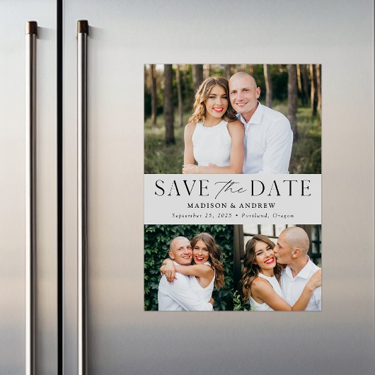 Modern Elegance Grey Three Photo Save the Date Magnetische Uitnodiging