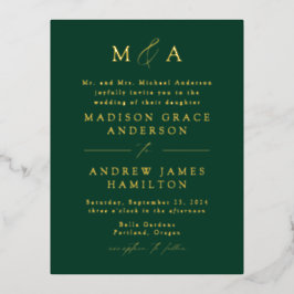 Modern Elegance Monogram Green en Gold Wedding Folie Uitnodiging Briefkaart