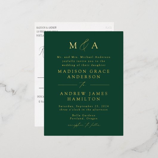 Modern Elegance Monogram Green en Gold Wedding Folie Uitnodiging Briefkaart (Voorkant / Achterkant)