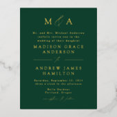 Modern Elegance Monogram Green en Gold Wedding Folie Uitnodiging Briefkaart (Voorkant)