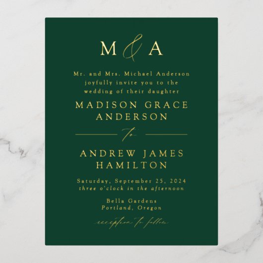 Modern Elegance Monogram Green en Gold Wedding Folie Uitnodiging Briefkaart (Voorkant)