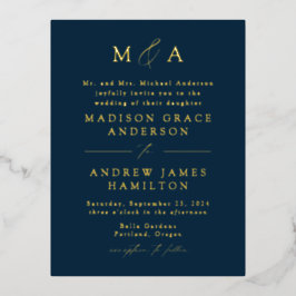 Modern Elegance Monogram Navy and Gold Wedding Folie Uitnodiging Briefkaart