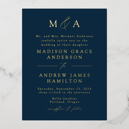 Modern Elegance Monogram Navy and Gold Wedding Folie Uitnodiging Briefkaart (Voorkant)