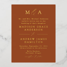 Modern Elegance Monogram Terracotta en Gold Folie Uitnodiging Briefkaart