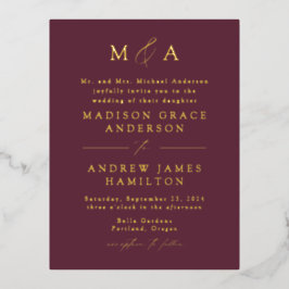 Modern Elegance Monogram Wine and Gold Wedding Folie Uitnodiging Briefkaart