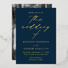 Modern Elegance Navy and Gold Photo Wedding Folie Uitnodiging