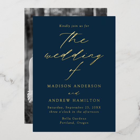Modern Elegance Navy and Gold Photo Wedding Folie Uitnodiging (Voorkant / Achterkant)