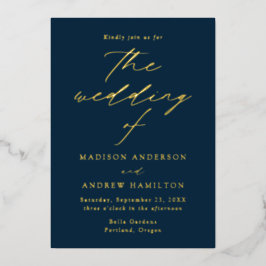 Modern Elegance Navy and Gold Wedding Folie Uitnodiging