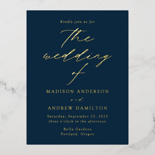 Modern Elegance Navy and Gold Wedding Folie Uitnodiging Briefkaart (Voorkant)