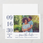 Modern Elegance Navy Blue Wedding Foto Save The Date (Voorkant / Achterkant)