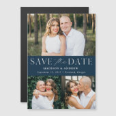 Modern Elegance Navy Three Photo Save the Date Magnetische Uitnodiging (Voorkant / Achterkant)