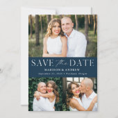 Modern Elegance Navy Three Photo Save the Date Magnetische Uitnodiging (Voorkant)