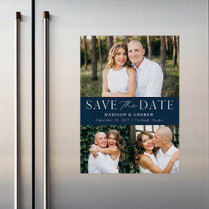 Modern Elegance Navy Three Photo Save the Date Magnetische Uitnodiging