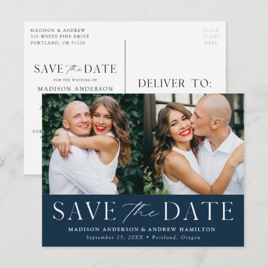 Modern Elegance Navy Two Photo Save the Date Aankondigingskaart (Voorkant / Achterkant)