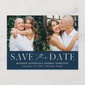 Modern Elegance Navy Two Photo Save the Date Aankondigingskaart (Voorkant)