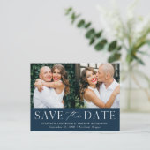 Modern Elegance Navy Two Photo Save the Date Aankondigingskaart (Staand voorkant)
