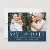 Modern Elegance Navy Two Photo Save the Date Magnetische Uitnodiging (Voorkant)