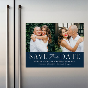 Modern Elegance Navy Two Photo Save the Date Magnetische Uitnodiging