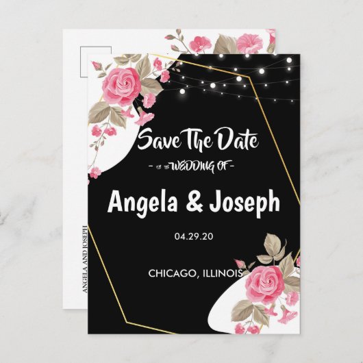 Modern Elegance Pink Floral string l Save the Date Aankondigingskaart (Voorkant / Achterkant)