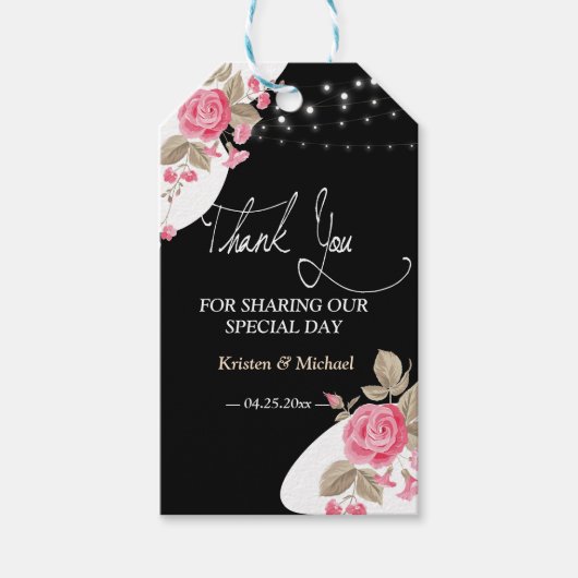 Modern Elegance Pink Floral string licht dank u Cadeaulabel (Voorkant)