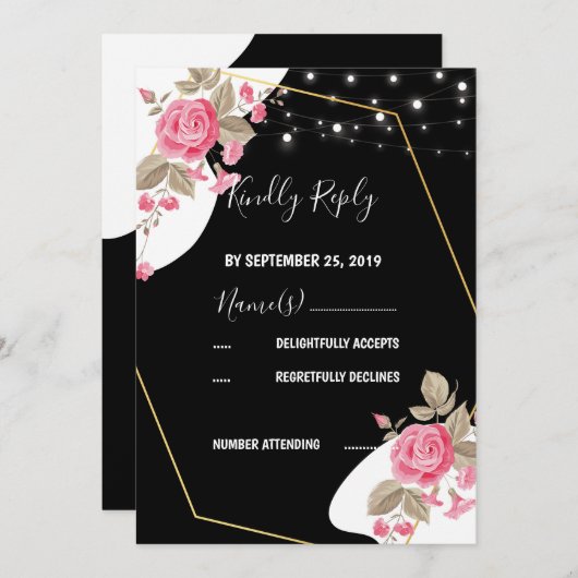 Modern Elegance Pink Floral string light RSVP Kaart (Voorkant / Achterkant)