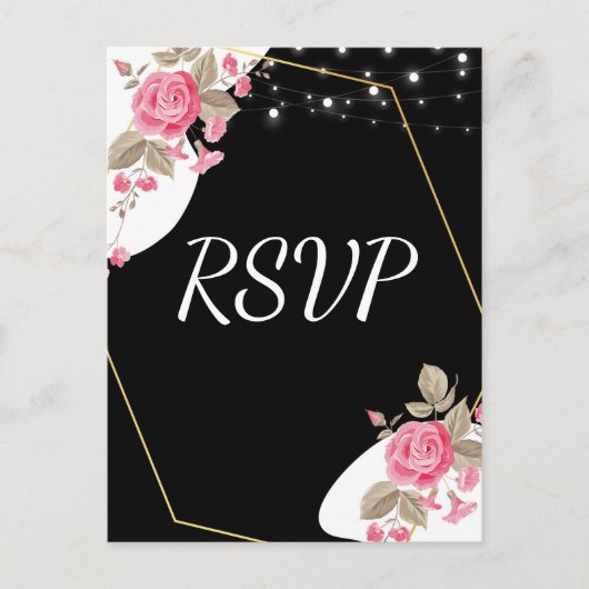 Modern Elegance Pink Floral string light RSVP Uitnodiging Briefkaart (Voorkant)