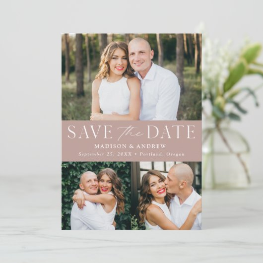 Modern Elegance Roos 3 Foto Save The Date (Staand voorkant)