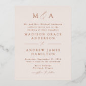 Modern Elegance Roos Gold Monogram Weddenschap Folie Uitnodiging Briefkaart (Voorkant)