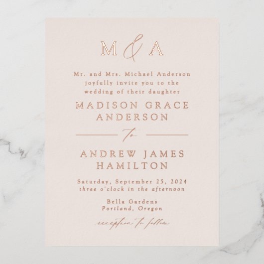 Modern Elegance Roos Gold Monogram Weddenschap Folie Uitnodiging Briefkaart (Voorkant)