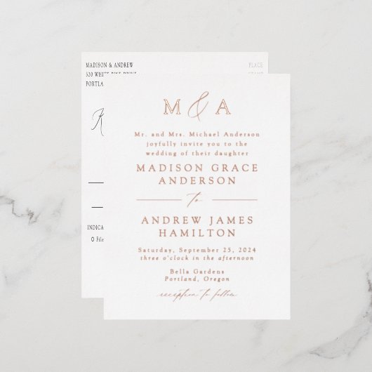 Modern Elegance Roos Gold Monogram Weddenschap Folie Uitnodiging Briefkaart (Voorkant / Achterkant)
