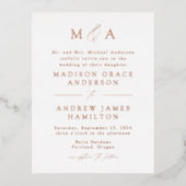 Modern Elegance Roos Gold Monogram Weddenschap Folie Uitnodiging Briefkaart (Voorkant)