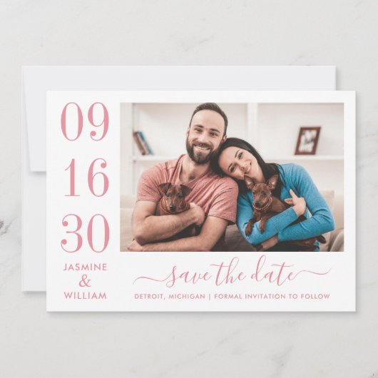 Modern Elegance Roos Pink Wedding Foto Save The Date (Voorkant)