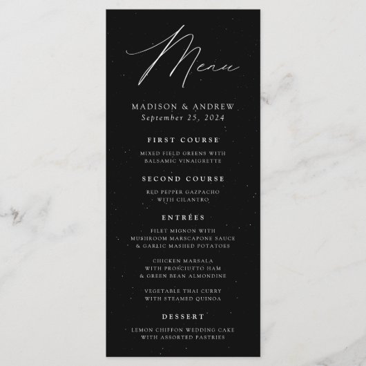 Modern Elegance Speckled Black and White Wedding Menu (Voorkant)