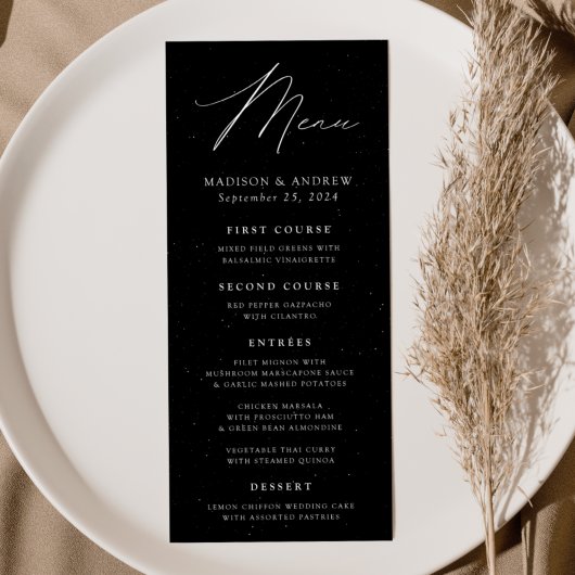 Modern Elegance Speckled Black and White Wedding Menu