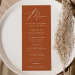 Modern Elegance Terracotta Wedding Menu<br><div class="desc">Eenvoudig en elegant trouwmenu met "Menu" in een modern wit script met een terracotta achtergrond of kleur van uw keuze. Pas het menu van de terracotta bruiloft aan door uw namen,  trouwdatum,  en menuinformatie toe te voegen. Ontworpen om te coördineren met ons Modern Elegance bruiloft collectie.</div>