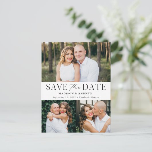 Modern Elegance Three Photo Save the Date Aankondigingskaart (Staand voorkant)