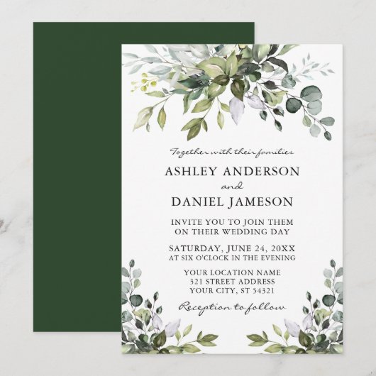 Modern Elegance Waterverf Greenery Wedding Kaart (Voorkant / Achterkant)