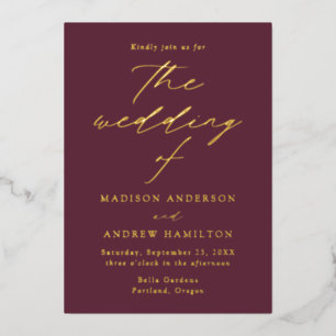 Modern Elegance Wine and Gold Wedding Folie Uitnodiging