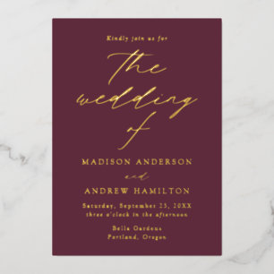 Modern Elegance Wine and Gold Wedding Folie Uitnodiging