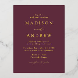 Modern Elegance Wine and Gold Wedding Folie Uitnodiging Briefkaart
