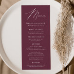 Modern Elegance Wine Wedding Menu<br><div class="desc">Eenvoudig en elegant trouwmenu met "Menu" dat in een modern wit script wordt weergegeven met een paarse achtergrond of kleur van uw keuze. Pas het menu van de wijnbruiloft aan door uw namen,  trouwdatum,  en menuinformatie toe te voegen. Ontworpen om te coördineren met ons Modern Elegance bruiloft collectie.</div>